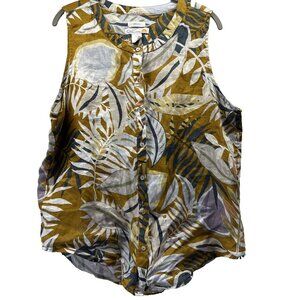 C C California Women's Top‎ Size Large 100% Linen Tropical Sleeveless Button Up
